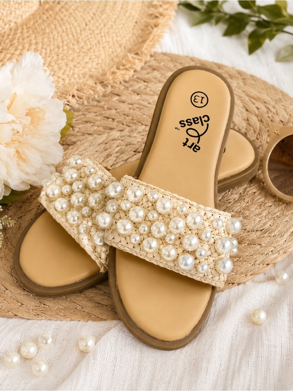 Art Class Raffia Pearl Embellished Slide Sandals Girls Size 13 Beach Resort